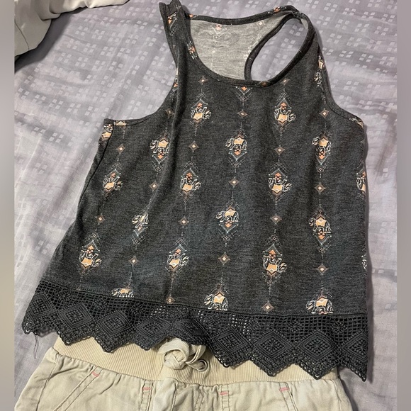 Mudd Girls 7/8 Med Racerback Tank Top Elephant Print Dark Gray w Lace Edge - Picture 2 of 7